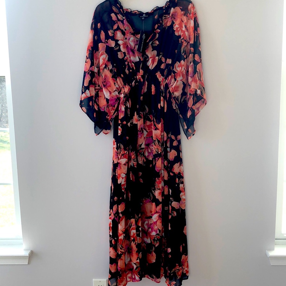 Kaftan / dress with floral overlay. Navy, peach